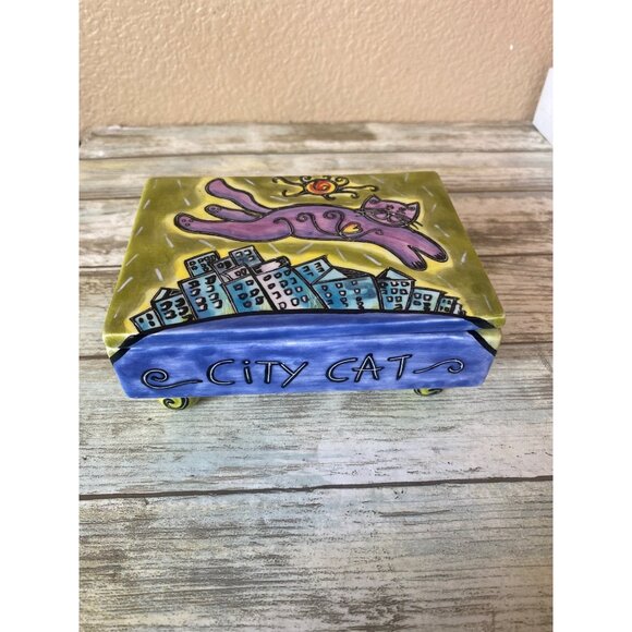 Happy Cat by Outi “City Cat” Hand Painted Ceramic Trinket Box Cat Lover Gift Col - Picture 1 of 15